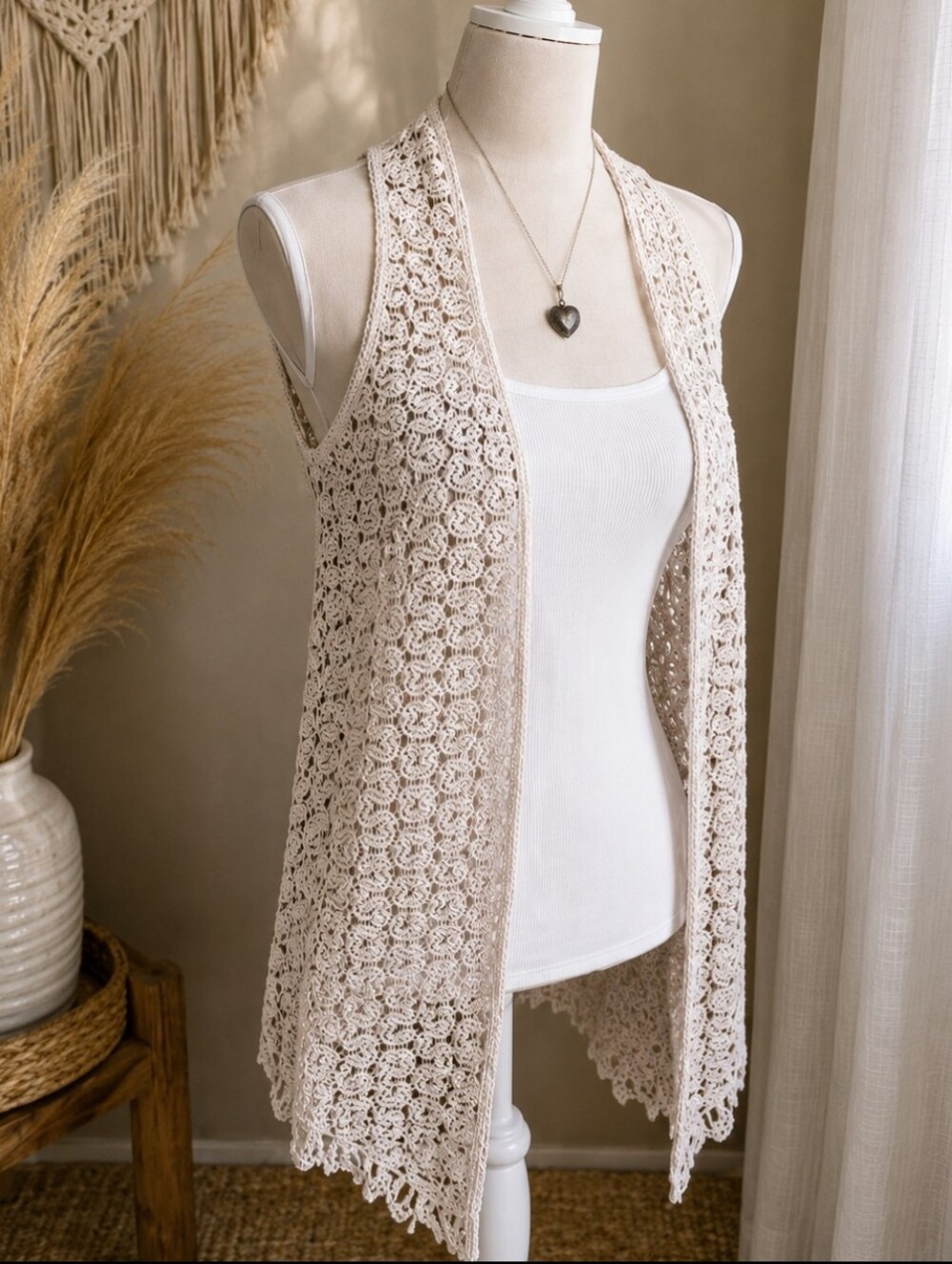 Wallflower~ Cream Crochet Racerback Fringe Vest Boho Festival Layering